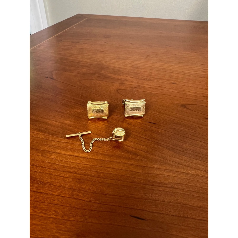 Vintage Mens Gold Tone Textured Rectangular Cufflinks and Tie Tack Set Formal